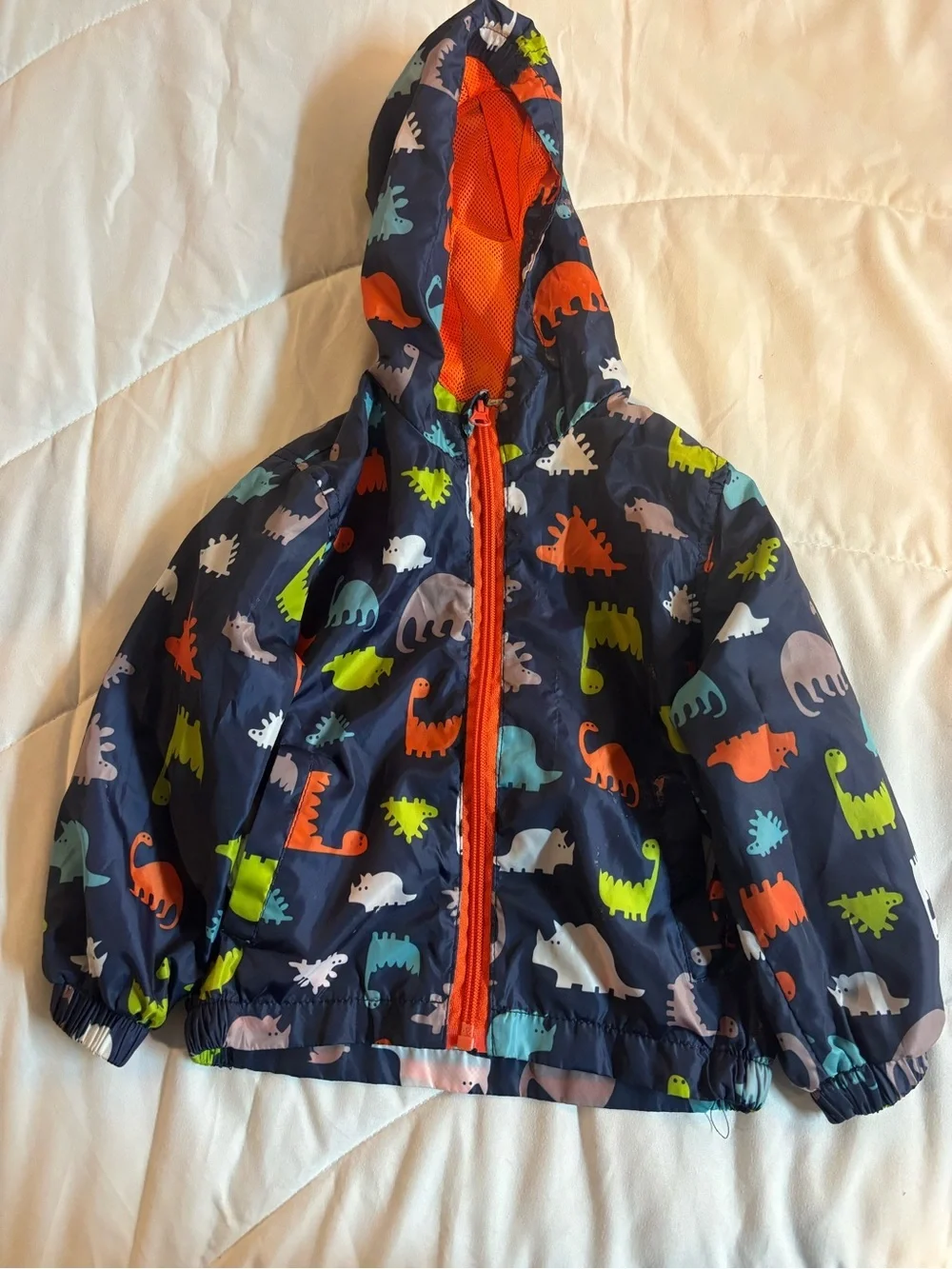 Kids Navy Dinosaur Hooded Windbreaker Jacket with Orange Trim size M (24m)